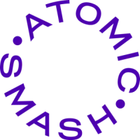 Logo for Bristol web design studio Atomic Smash. Circular purple text on a white background